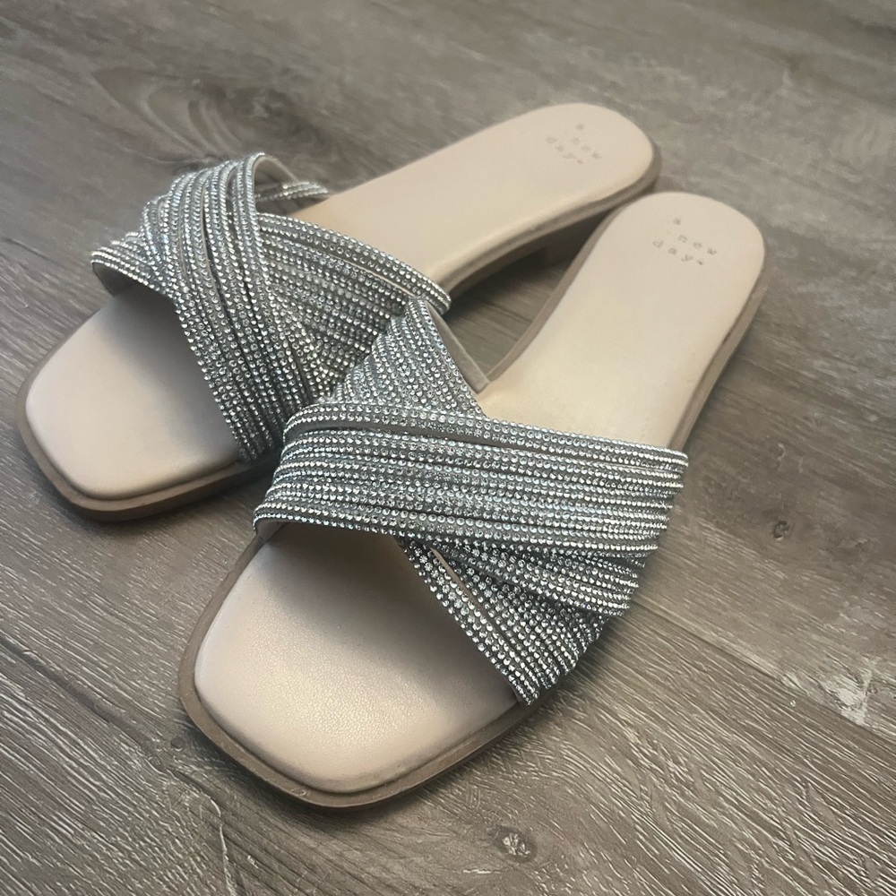 A New Day Silver Slide Sandals with Woven Straps